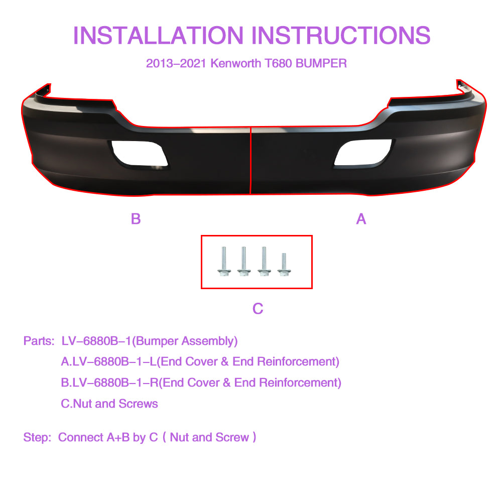 Bumper Assembly Without Fog Light Holes Compatible With Kenworth T680 2017+