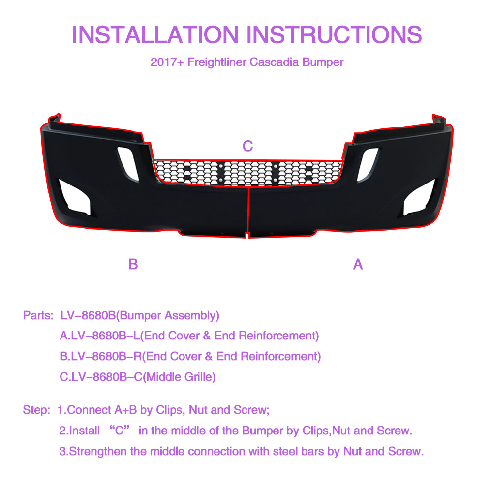 Bumper Assembly With Fog Light Holes Compatible With Freightliner Cascadia 2017+
