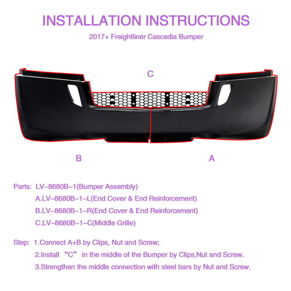 Bumper Assembly Without Fog Light Holes Compatible With Freightliner Cascadia 2017+