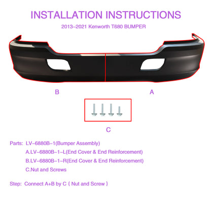Bumper Assembly Without Fog Light Holes Compatible With Kenworth T680 2017+