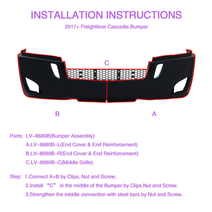 Bumper Assembly With Fog Light Holes Compatible With Freightliner Cascadia 2017+